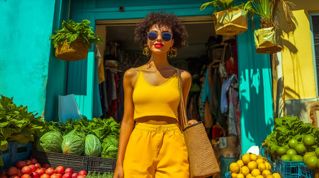 A stylish woman with a bag buying fresh fruits and vegetables at an outdoor farmer's marketの素材