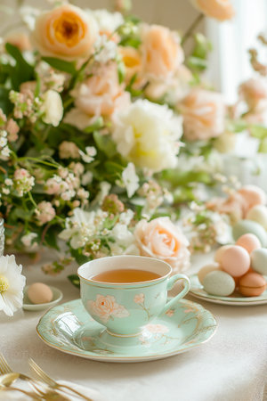 EASTER TEA PARTY WITH DELICATE PORCELAIN CUPS, FLORAL ARRANGEMENTS AND TREATSの素材