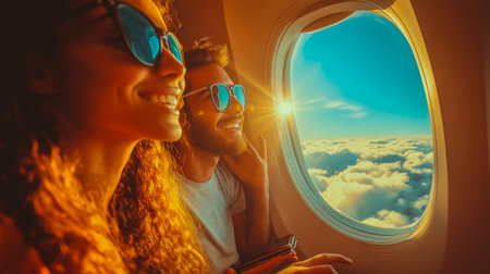 Friends are having fun on board the plane, bright blue sky and clouds are visible from the open window.の素材