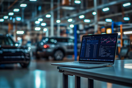 The car engine is being diagnosed in the Car Workshop. There are various SUVs in the garage.の素材