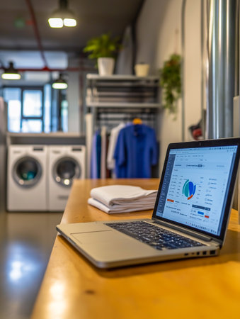 Modern dry cleaning, industrial washing machines, folded clothes, a table with a laptop on the analyst's screen.の素材