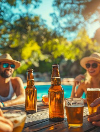 Friends drink beer outdoors on a sunny day, wearing sunglasses and hats, laughing together against the background of the pool.の素材