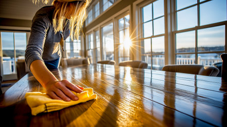 A woman polishes a wooden dining table, close-upの素材
