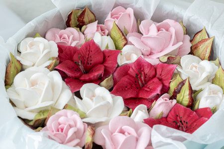 Home-made marshmallow floristry. Natural apple marshmallows, slightly sweetの写真素材