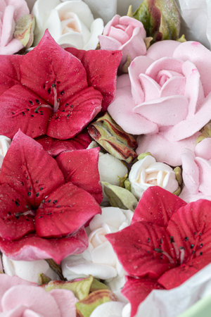 Home-made marshmallow floristry. Natural apple marshmallows, slightly sweetの写真素材