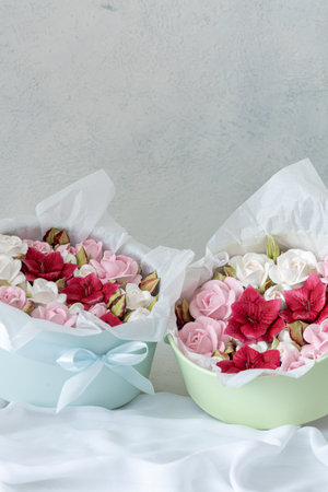 Home-made marshmallow floristry. Natural apple marshmallows, slightly sweetの写真素材