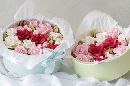 Home-made marshmallow floristry. Natural apple marshmallows, slightly sweetの写真素材