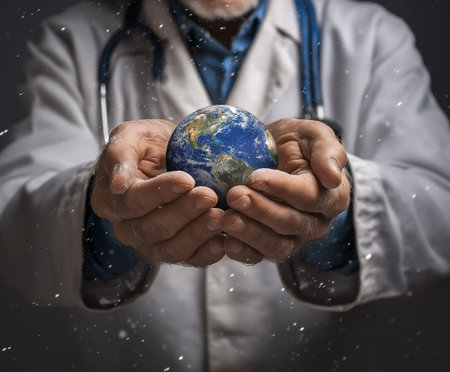 Medical professional in white coat holds a globe in hands, symbolizing care for the planet, with a stethoscope around neck, conveying a message of global health and responsibilityの素材