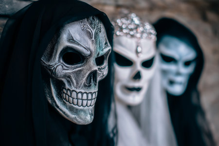 Three decorative skull masks, featuring intricate designs and textures, displayed against a blurred background, creating an eerie yet captivating atmosphere for Halloween celebrationsの素材