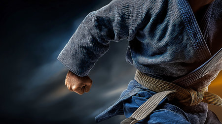 Martial artist in blue gi performs a powerful punch, showcasing strength and technique against a dramatic dark background, embodying the spirit of martial arts and determinationの素材