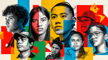 Diverse group of young individuals with varying hairstyles and expressions, set against a vibrant abstract background, showing unity and cultural richness in a modern artistic styleの素材