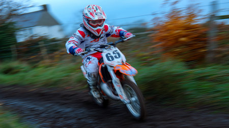 Young motocross rider in protective gear races through muddy terrain, showcasing speed and skill while navigating a challenging course in an outdoor environmentの素材
