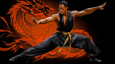 Martial artist in black attire performs dynamic pose against a vibrant dragon illustration, showcasing strength, agility, and the art of combat in a visually striking compositionの素材