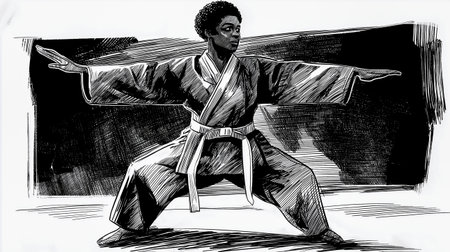 African American female martial artist in traditional attire, demonstrating a powerful stance in a dynamic pose, showcasing strength and focus in an artistic illustrationの素材