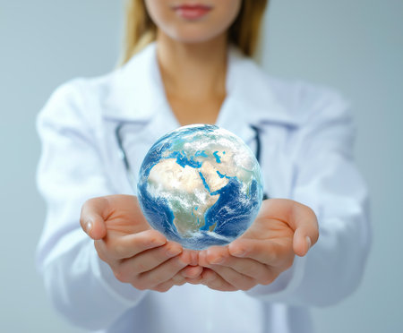 Female healthcare professional in white coat holds a globe in hands, symbolizing global health awareness and responsibility, with a soft-focus background emphasizing the importance of careの素材