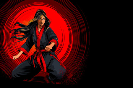 Dynamic female martial artist in black uniform with red accents, striking a powerful pose against a vibrant red circular background, showing strength and determinationの素材