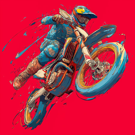 Dynamic motocross rider in blue gear performing an impressive stunt on a dirt bike against a vibrant red background, showcasing action and adrenaline in extreme sportsの素材