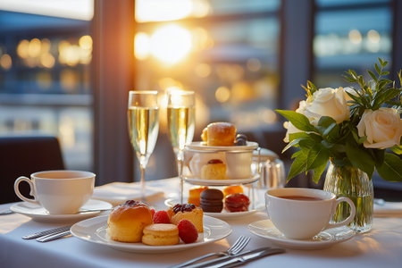 Elegant afternoon tea setup featuring a tiered dessert stand with assorted pastries, champagne flutes, and a cozy living room ambiance with floral arrangements and soft furnishingsの素材