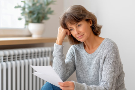 Mature woman with short gray hair, wearing a cozy sweater, is sitting indoors, looking thoughtfully at documents, reflecting on important decisions in a warm and inviting environmentの素材