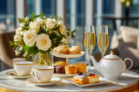 Elegant afternoon tea setup featuring a tiered dessert stand with assorted pastries, champagne flutes, and a cozy living room ambiance with floral arrangements and soft furnishingsの素材