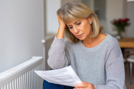 Mature woman with short gray hair, wearing a cozy sweater, is sitting indoors, looking thoughtfully at documents, reflecting on important decisions in a warm and inviting environmentの素材