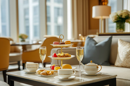 Elegant afternoon tea setup featuring a tiered dessert stand with assorted pastries, champagne flutes, and a cozy living room ambiance with floral arrangements and soft furnishingsの素材