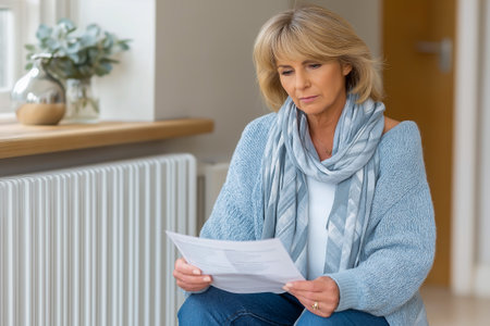 Mature woman with short gray hair, wearing a cozy sweater, is sitting indoors, looking thoughtfully at documents, reflecting on important decisions in a warm and inviting environmentの素材