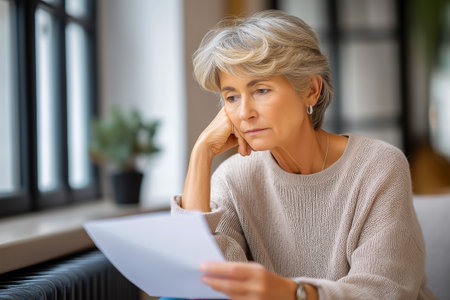 Mature woman with short gray hair, wearing a cozy sweater, is sitting indoors, looking thoughtfully at documents, reflecting on important decisions in a warm and inviting environmentの素材