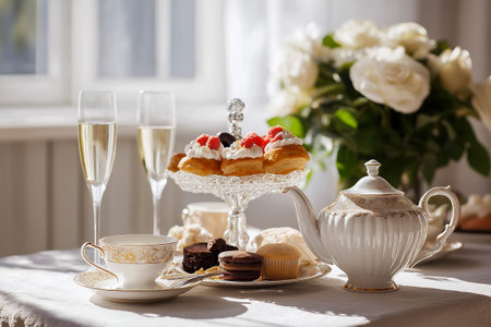 Elegant afternoon tea setup featuring a tiered dessert stand with assorted pastries, champagne flutes, and a cozy living room ambiance with floral arrangements and soft furnishingsの素材
