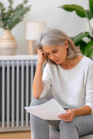 Mature woman with short gray hair, wearing a cozy sweater, is sitting indoors, looking thoughtfully at documents, reflecting on important decisions in a warm and inviting environmentの素材