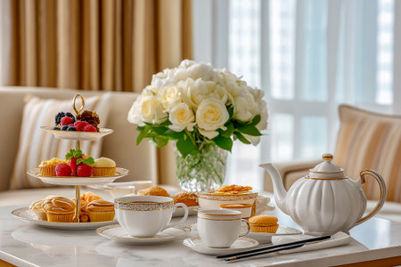 Elegant afternoon tea setup featuring a tiered dessert stand with assorted pastries, champagne flutes, and a cozy living room ambiance with floral arrangements and soft furnishingsの素材