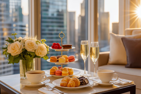 Elegant afternoon tea setup featuring a tiered dessert stand with assorted pastries, champagne flutes, and a cozy living room ambiance with floral arrangements and soft furnishingsの素材