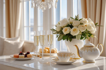 Elegant afternoon tea setup featuring a tiered dessert stand with assorted pastries, champagne flutes, and a cozy living room ambiance with floral arrangements and soft furnishingsの素材
