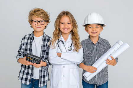 Three children dressed as professionals, one with a calculator, another in a hard hat and goggles, and the last holding blueprints, showcasing future career aspirations and teamworkの素材