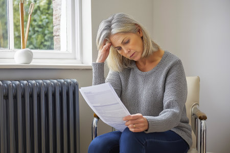 Mature woman with short gray hair, wearing a cozy sweater, is sitting indoors, looking thoughtfully at documents, reflecting on important decisions in a warm and inviting environmentの素材