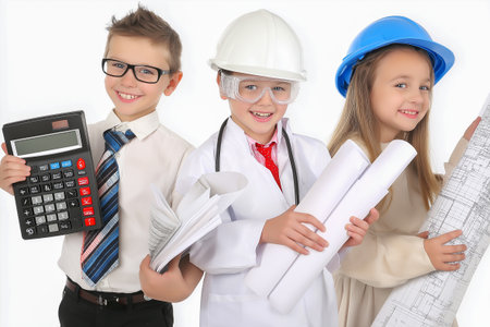 Three children dressed as professionals, one with a calculator, another in a hard hat and goggles, and the last holding blueprints, showcasing future career aspirations and teamworkの素材