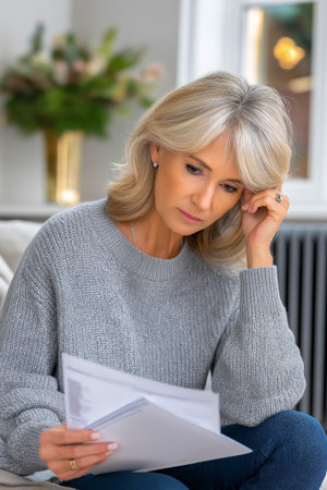 Mature woman with short gray hair, wearing a cozy sweater, is sitting indoors, looking thoughtfully at documents, reflecting on important decisions in a warm and inviting environmentの素材