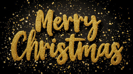 Gold glitter text reads Merry Christmas on a dark backdrop, surrounded by shimmering stars and decorative dots, evoking a festive and celebratory moodの素材