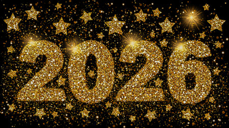 Fireworks burst around the glowing numbers 2026, creating a festive atmosphere against a black backdrop, symbolizing celebration and new beginningsの素材