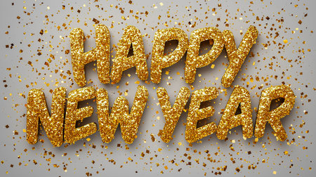 Glittery text saying Happy New Year stands out against a shimmering golden bokeh background, creating a festive atmosphere for holiday celebrations and greetingsの素材