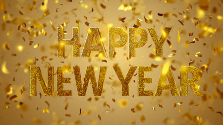 Glittery text saying Happy New Year stands out against a shimmering golden bokeh background, creating a festive atmosphere for holiday celebrations and greetingsの素材