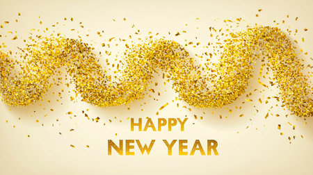 Glittery text saying Happy New Year stands out against a shimmering golden bokeh background, creating a festive atmosphere for holiday celebrations and greetingsの素材