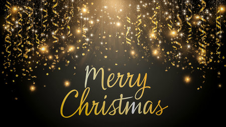 Gold glitter text reads Merry Christmas on a dark backdrop, surrounded by shimmering stars and decorative dots, evoking a festive and celebratory moodの素材