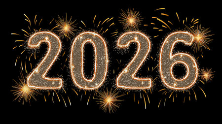 Fireworks burst around the glowing numbers 2026, creating a festive atmosphere against a black backdrop, symbolizing celebration and new beginningsの素材
