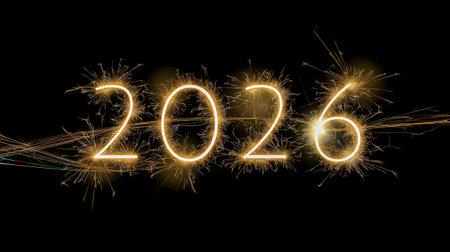 Fireworks burst around the glowing numbers 2026, creating a festive atmosphere against a black backdrop, symbolizing celebration and new beginningsの素材