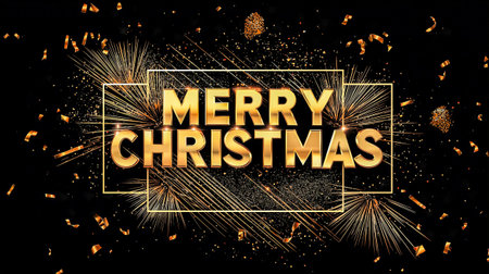 Gold glitter text reads Merry Christmas on a dark backdrop, surrounded by shimmering stars and decorative dots, evoking a festive and celebratory moodの素材