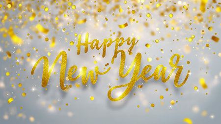 Glittery text saying Happy New Year stands out against a shimmering golden bokeh background, creating a festive atmosphere for holiday celebrations and greetingsの素材