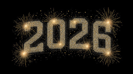 Fireworks burst around the glowing numbers 2026, creating a festive atmosphere against a black backdrop, symbolizing celebration and new beginningsの素材
