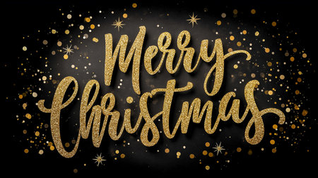 Gold glitter text reads Merry Christmas on a dark backdrop, surrounded by shimmering stars and decorative dots, evoking a festive and celebratory moodの素材
