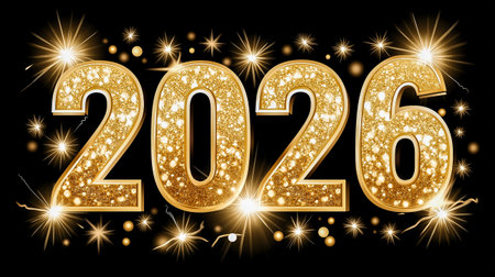 Fireworks burst around the glowing numbers 2026, creating a festive atmosphere against a black backdrop, symbolizing celebration and new beginningsの素材